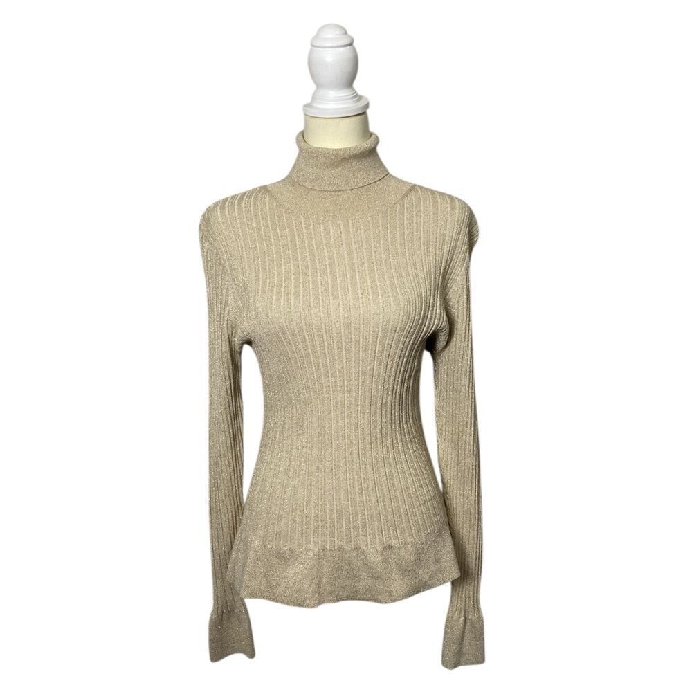 Worthington Silk Blend Ribbed Knit Gold Metallic Turtleneck Women's Size XL